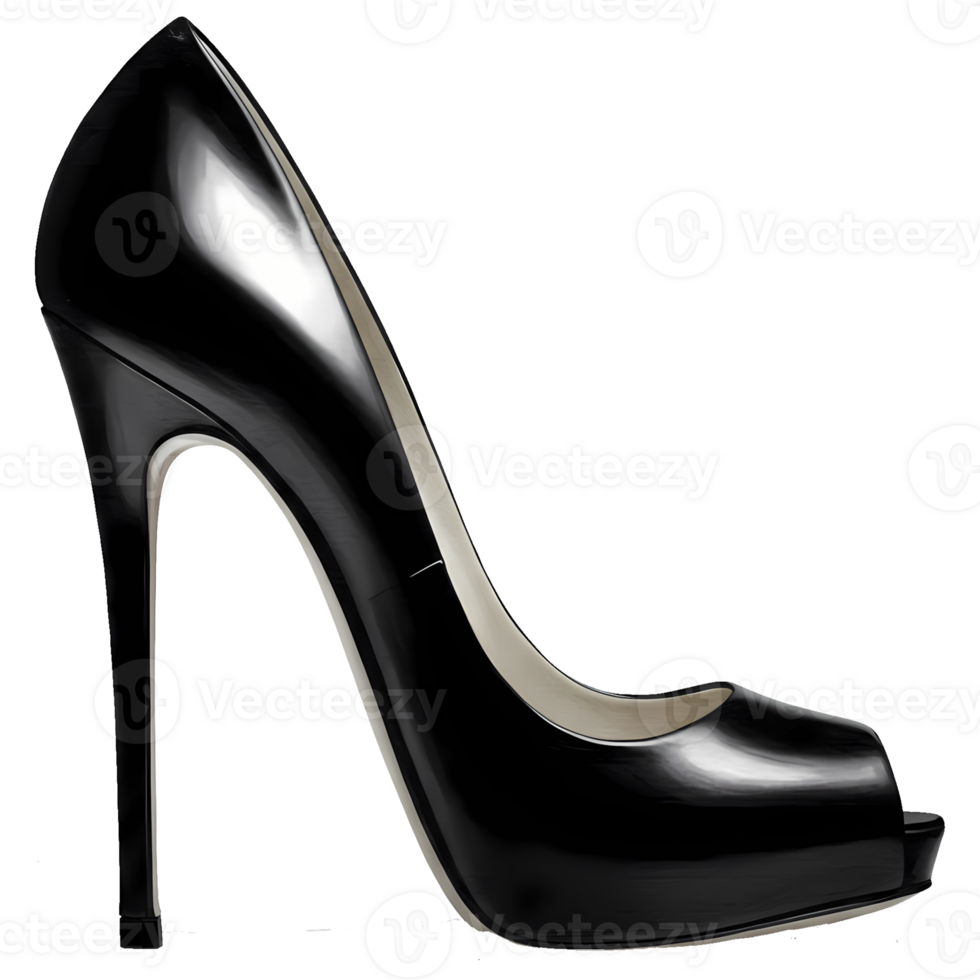 A sleek, black high heel pump stands elegantly against a transparent background, showing a modern shoe design and reflecting light. png