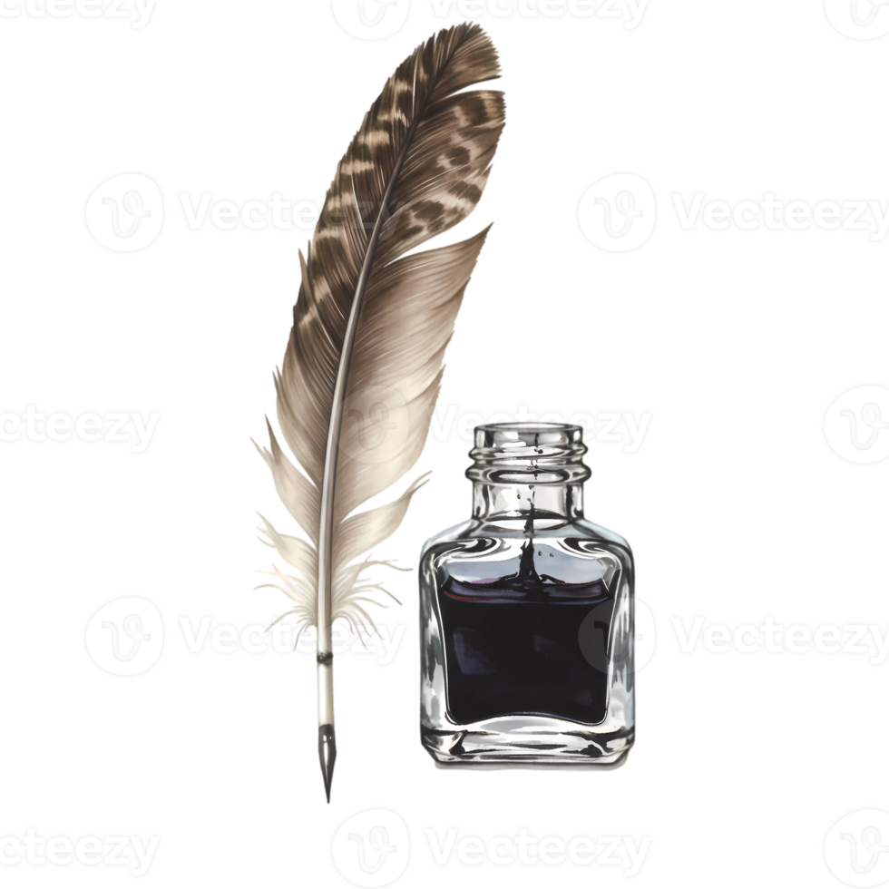 Elegant quill pen and inkwell on a transparent background evokes historical writing and classic design elements, ideal for creative projects. png