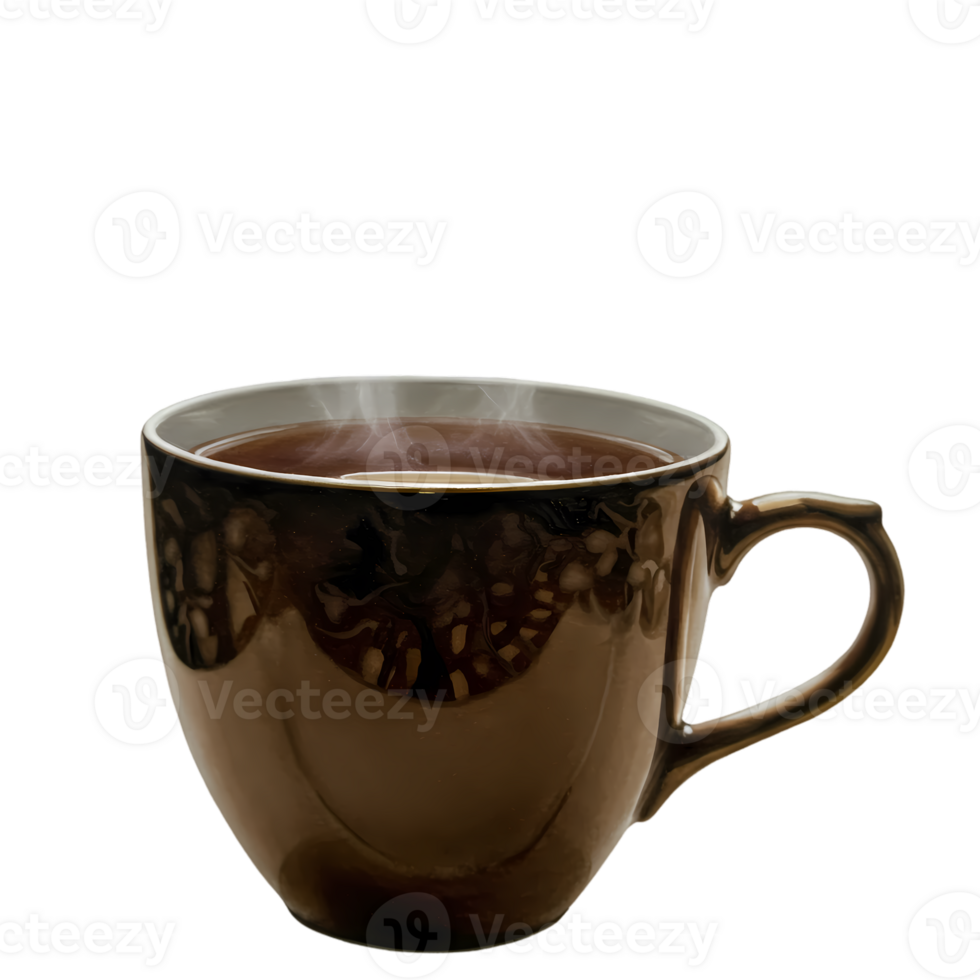 Steaming hot beverage in a dark brown mug on a sleek transparent background, creating a moody and inviting drink presentation. png