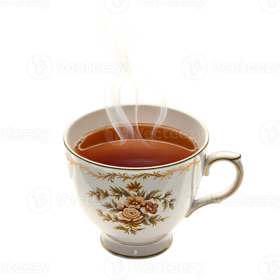 A steaming cup of tea sits elegantly, showcasing its rich color and floral design against a transparent background. png
