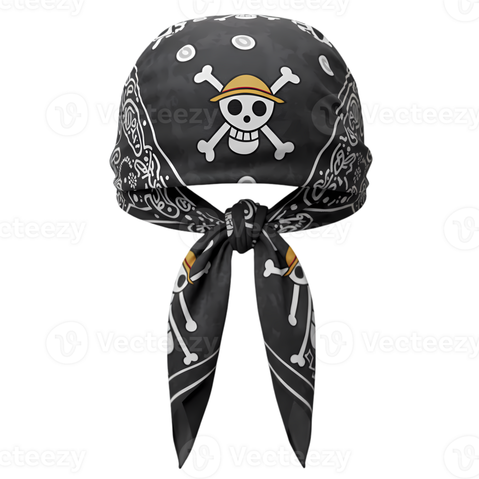 A black bandana presents a skull and crossbones motif, perfect for pirate themes, costumes, or themed events, adding a unique touch, transparent background png