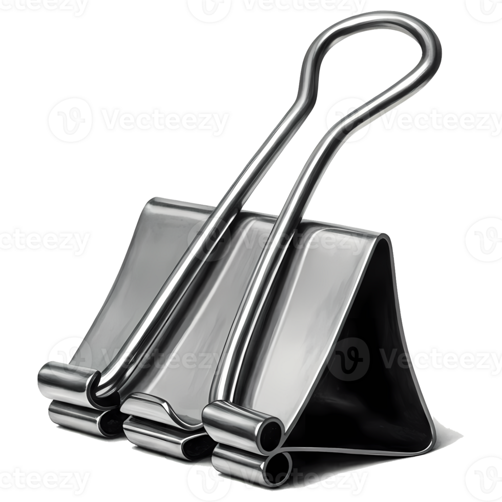 A gleaming binder clip stands against a transparent background, symbolizing organization, precision, and the efficiency needed in business and study. png