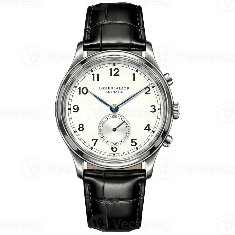 Elegant automatic wristwatch featuring a white dial and classic black leather strap displayed against a clean background, transparent background png