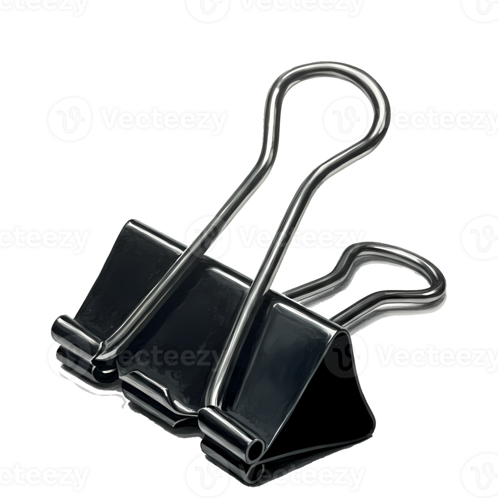 Two binder clips are stacked against a simple transparent background, casting reflections and highlighting their metal construction. png