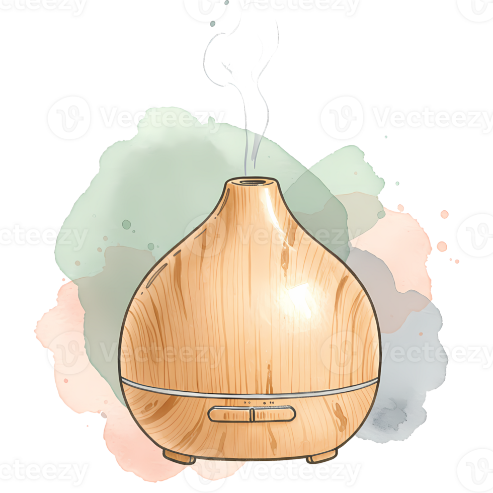 Stylish wooden aroma diffuser emits scented vapor against a dreamy pastel watercolor backdrop, a study in wellness and serene relaxation, transparent background png