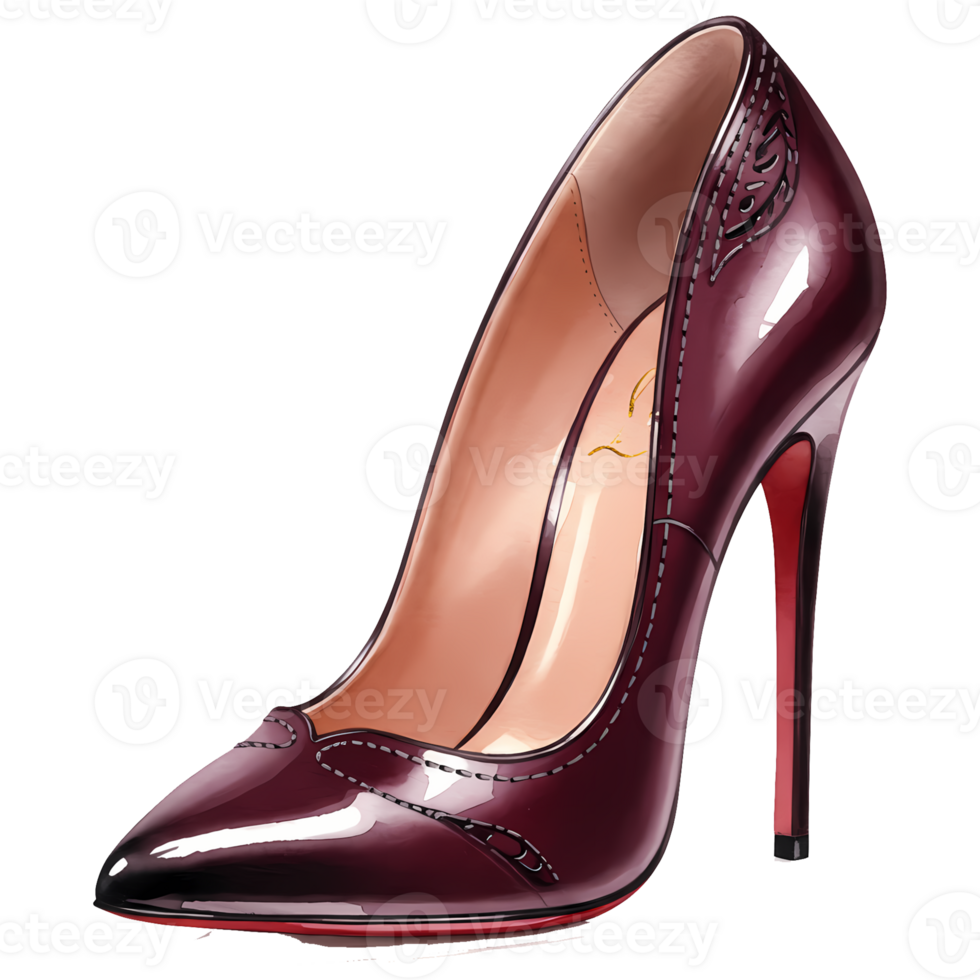 A stylish burgundy high heel shoe on a transparent background presents a touch of elegance and sophistication with red sole detail. png