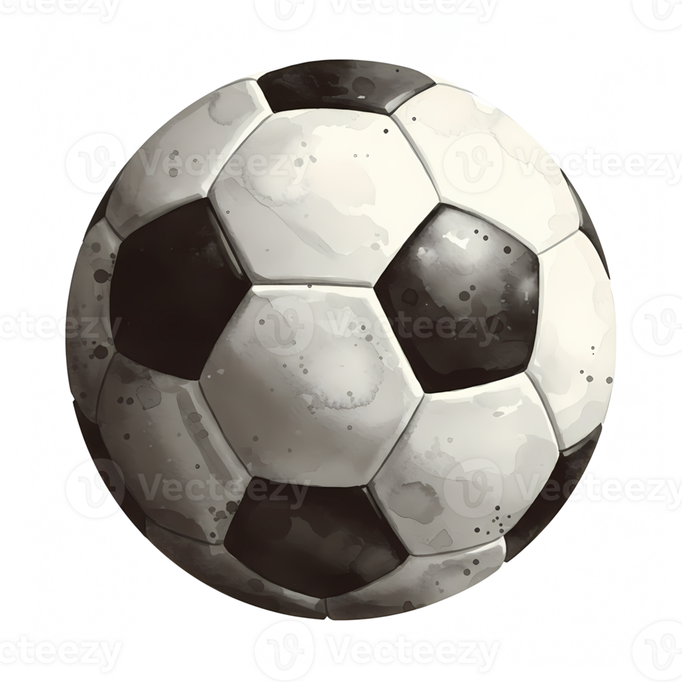 A realistic watercolor style soccer ball illustration is rendered on a transparent background, perfect for sport themed designs. png