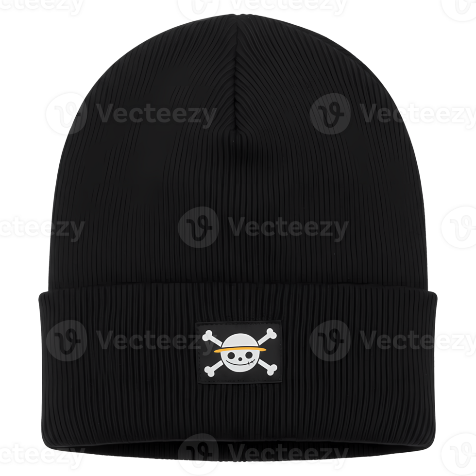 Black beanie showcasing a skull and crossbones emblem evokes a playful and edgy style for fans of anime and manga, transparent background png