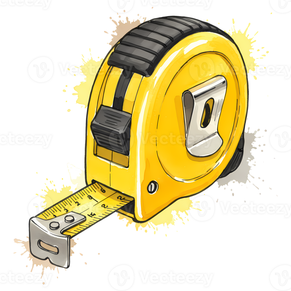 Cartoon style illustration of a yellow retractable measuring tape on a transparent background with paint splatter effect. png