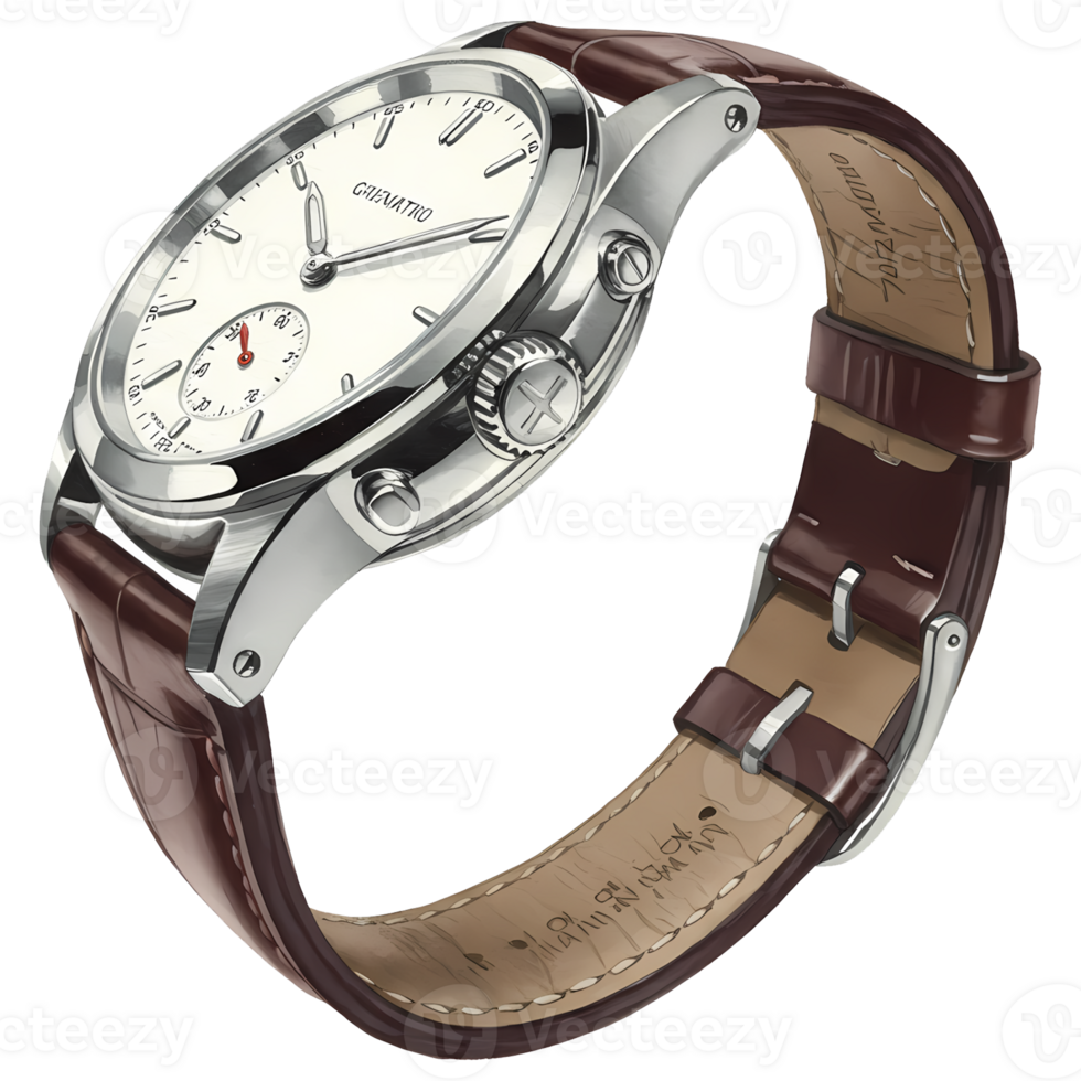 Elegant wristwatch showcases its design, featuring a silver casing, white face, and brown leather strap against a stark transparent background. png