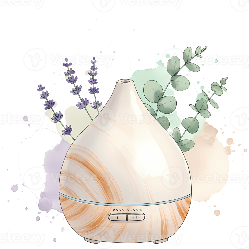 Aromatherapy diffuser with lavender and eucalyptus branches creates a relaxing, calming environment perfect for spa, yoga, and wellness, transparent background png