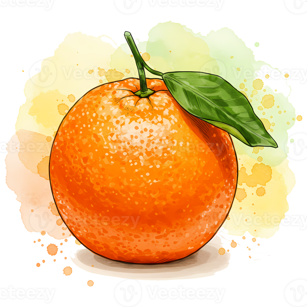 Vibrant orange citrus fruit with a leafy stem is presented against a watercolor splash background for a fresh and artistic look, transparent background png