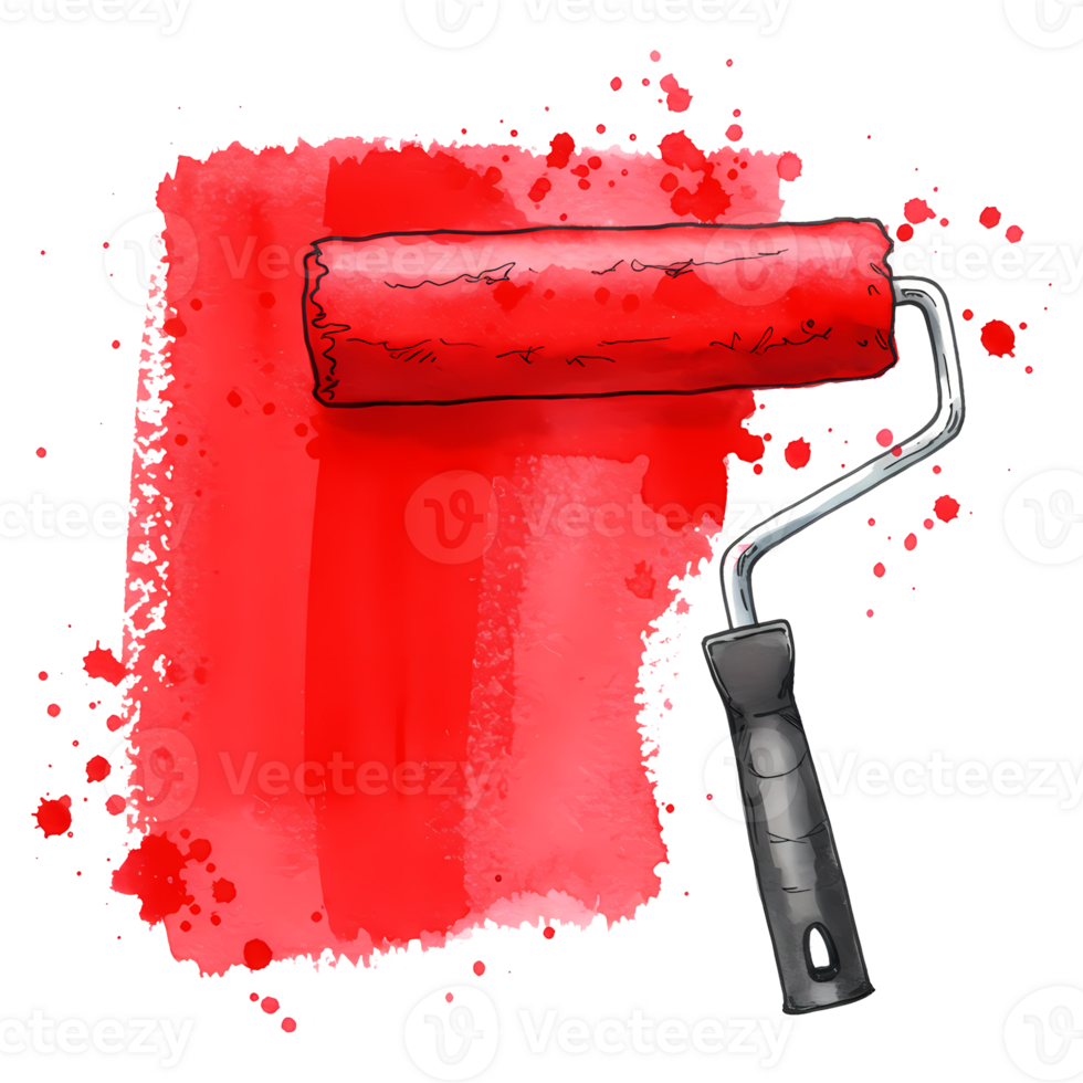 Red paint roller illustration with watercolor texture on a transparent background creates a bold and artistic design element. png