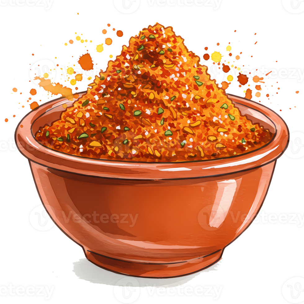 An illustration of a terracotta bowl filled with vibrant red and orange spice blend, with a splatter design adding a dynamic touch, transparent background png