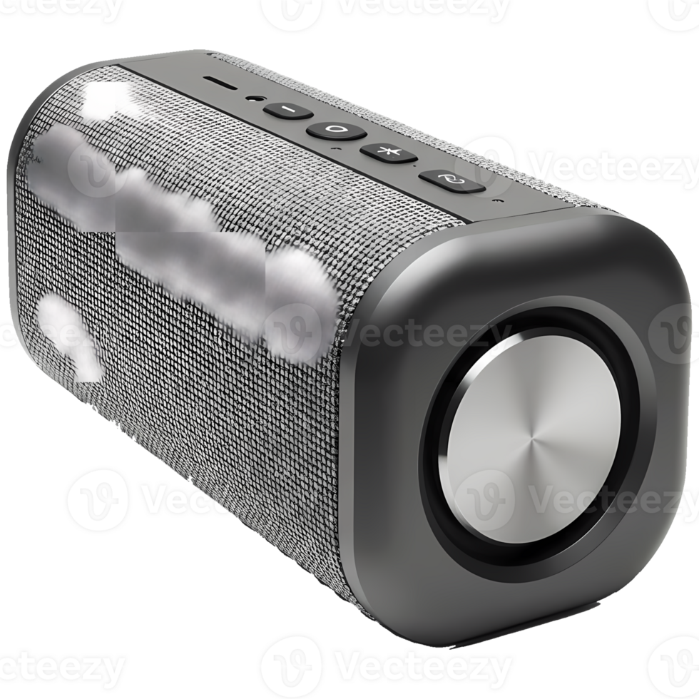 Modern portable speaker with a gray woven fabric texture and sleek black casing, perfect for audio enthusiasts and tech promotions, transparent background png