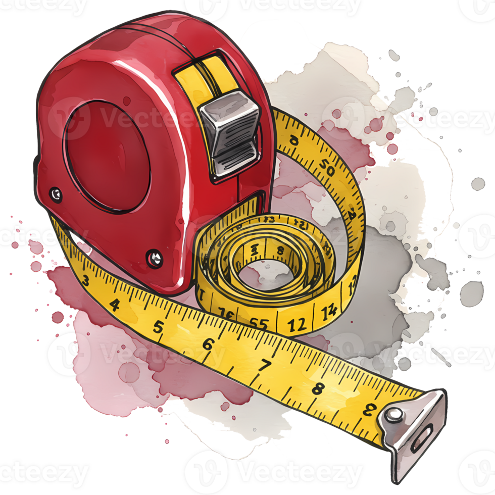 A colorful red measuring tape illustration coiled with yellow measuring length shown against a black and watercolor splash background, transparent background png