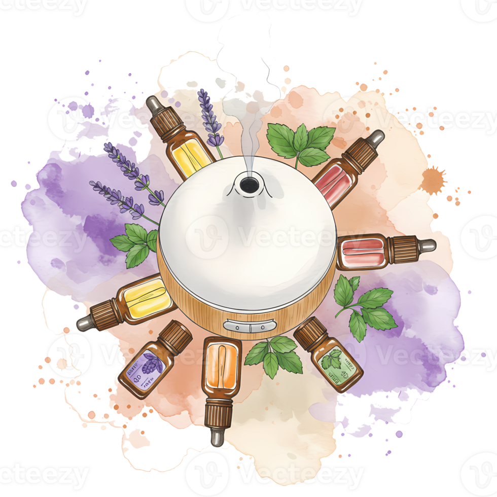 Diffuser with essential oils and watercolor splash art creates a relaxing and aromatic atmosphere for aromatherapy and wellness, transparent background png