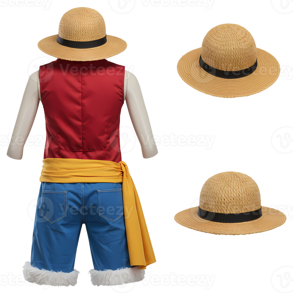 A vibrant cosplay outfit features a red vest, blue shorts, straw hat, and yellow sash, perfect for fans or themed events, transparent background png