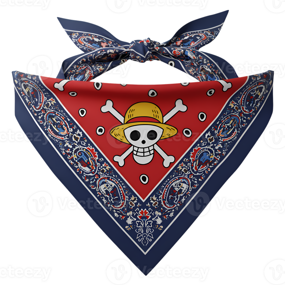 The red bandana features a prominent skull and crossbones with a straw hat, surrounded by a decorative paisley pattern and a knot at the top, transparent background png