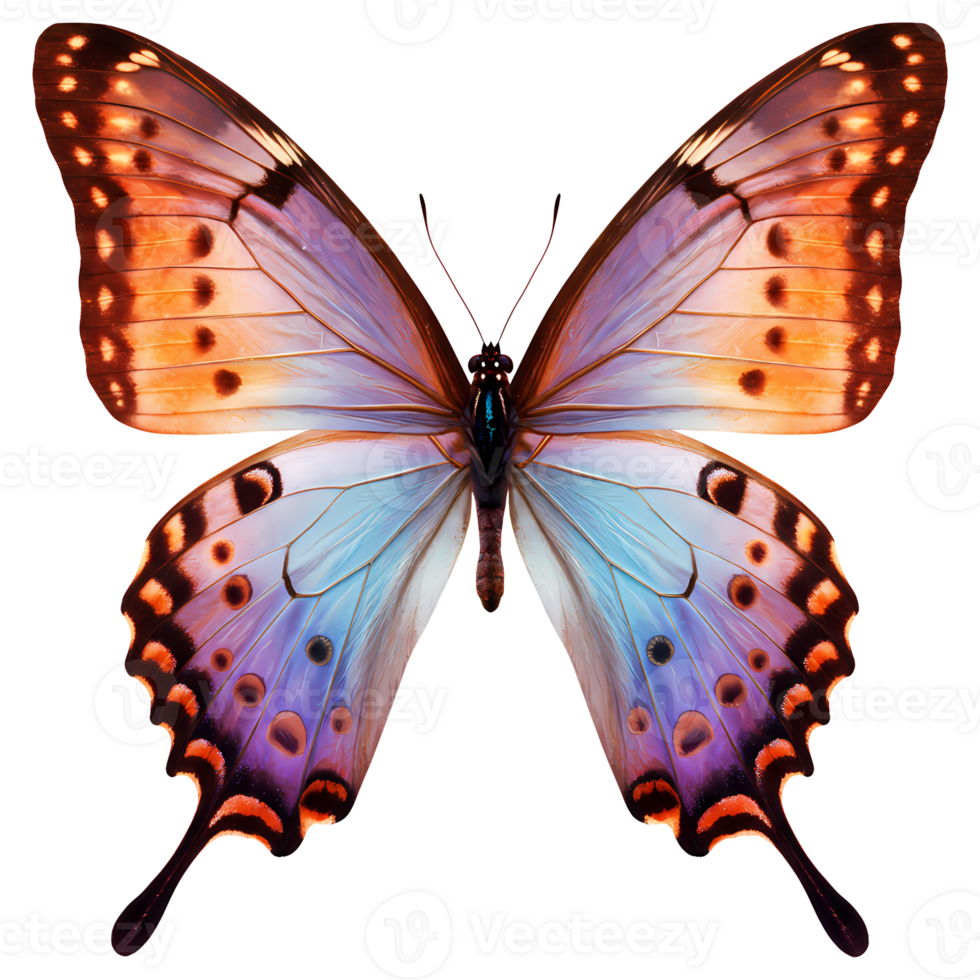 Vibrant Orange, Purple, and Blue Butterfly with Detailed Wings on Transparent Background. png