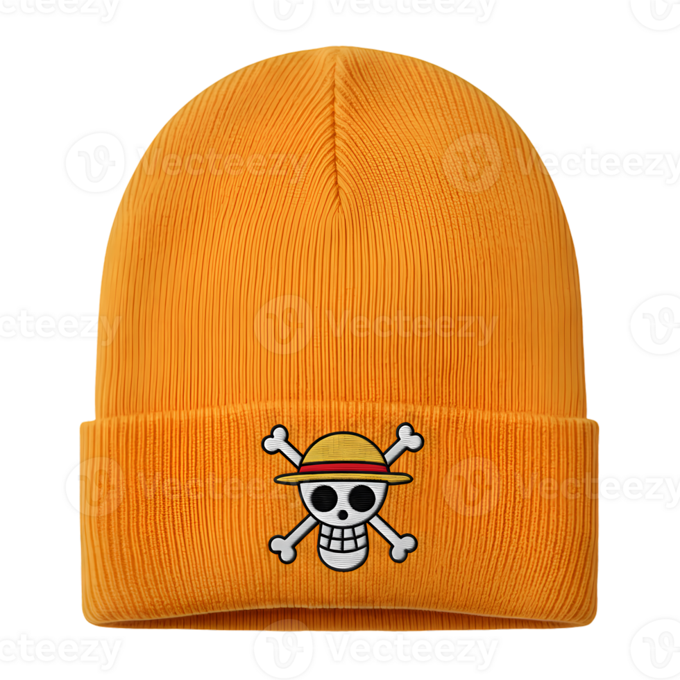 Orange Beanie with One Piece Straw Hat Pirates Logo on Transparent Background. png