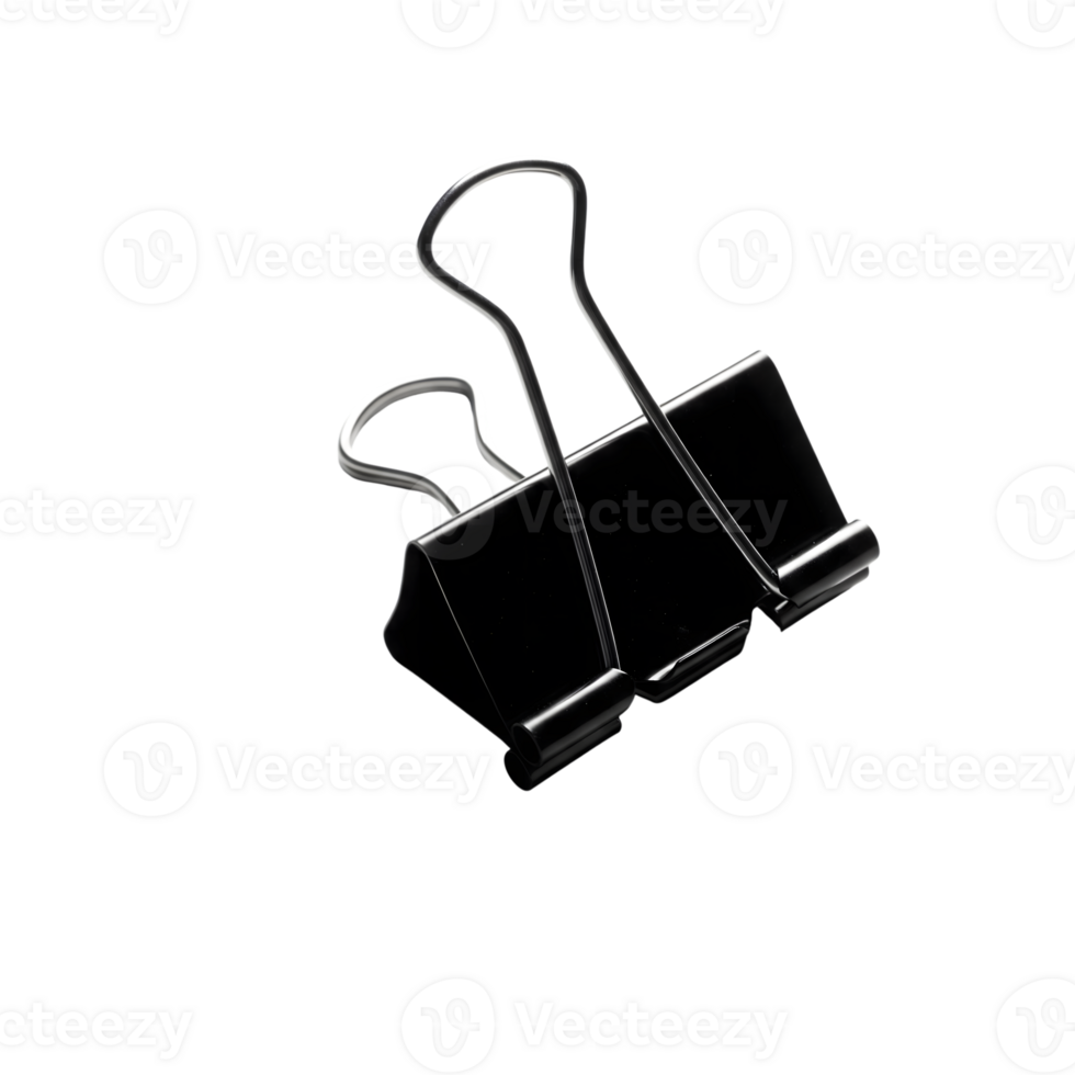 A black metal binder clip used for holding papers is isolated on transparent background png