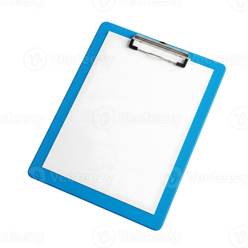 A blue clipboard with a blank white paper is isolated on transparent background png