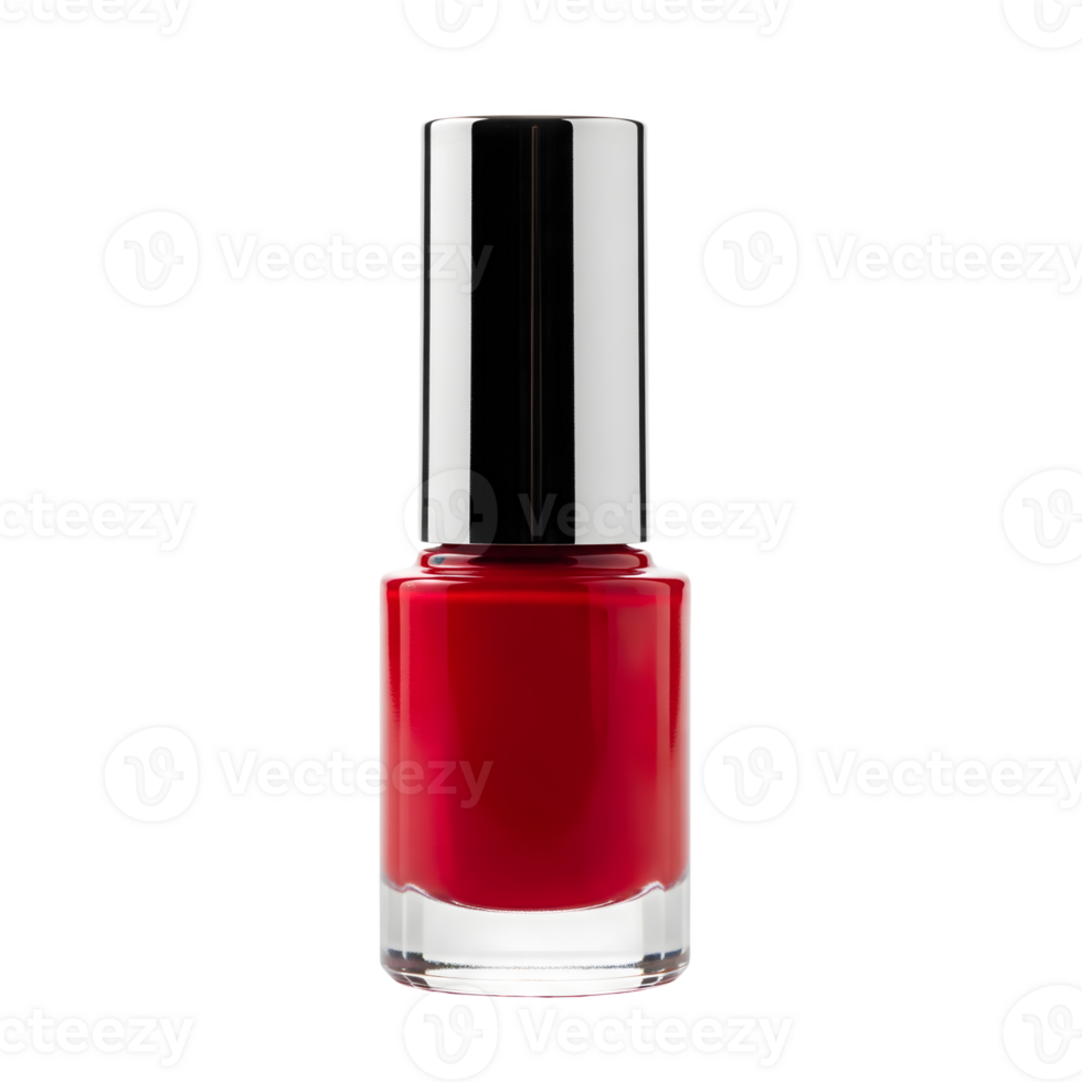 A bottle of vibrant red nail polish with a silver cap isolated on transparent background png
