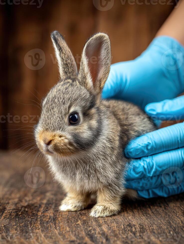 Veterinarian Gently Examines a Rabbit With Soft Gloves in a Warm and Inviting Environment photo