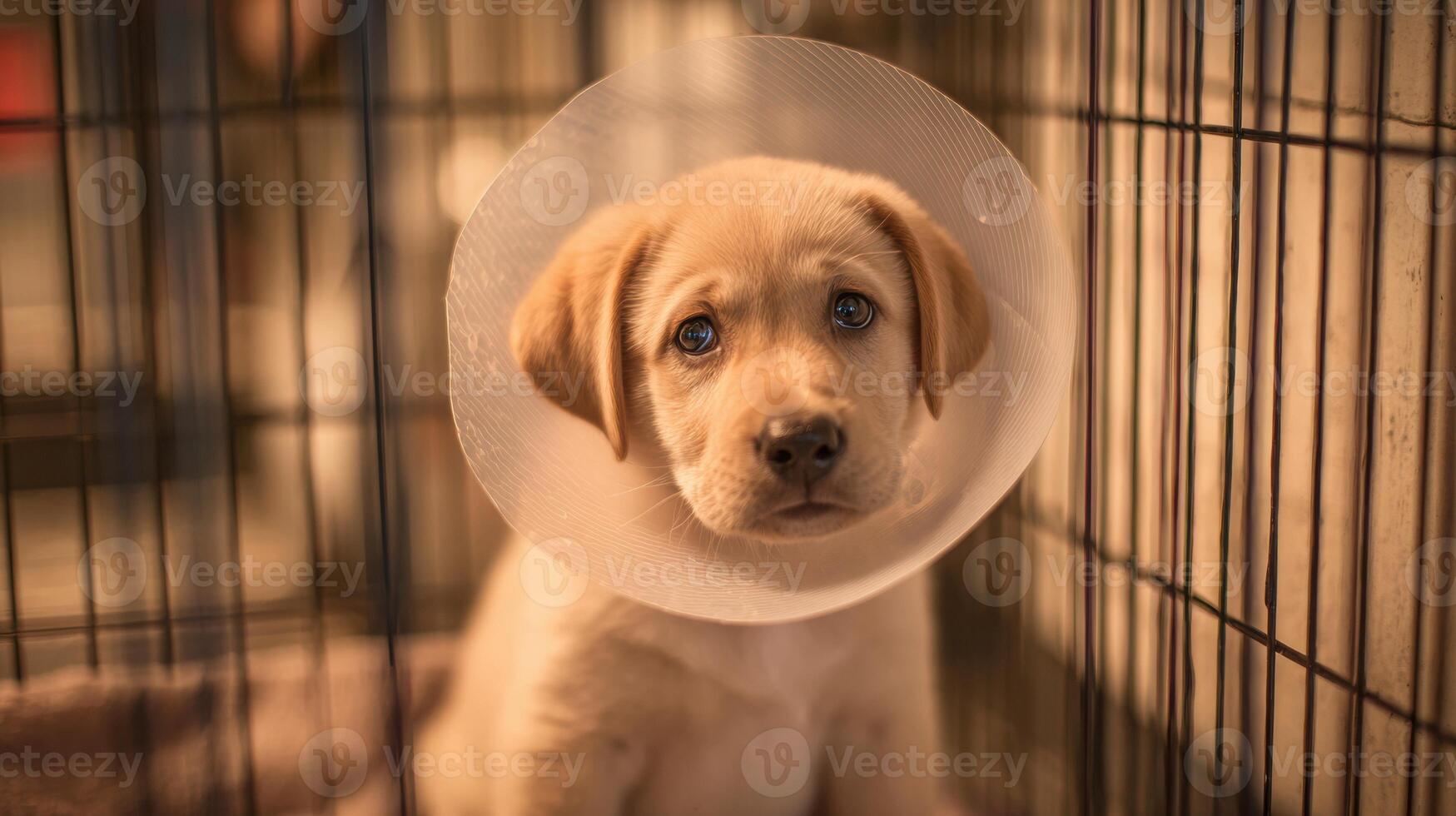 Cute Puppy in Medical Cone Resting Peacefully in a Cozy Vet Cage Under Soft Lighting photo
