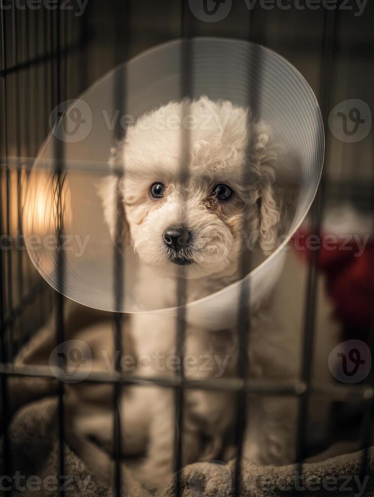 Puppy in a Medical Cone Resting Comfortably in a Vet Cage With Soft Top Lighting Creating a Warm Atmosphere photo