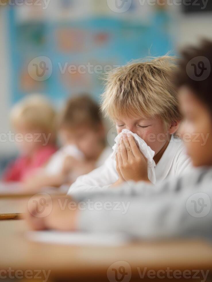 Children Participate in Classroom Activities With One Student Sneezing in Foreground, Soft Focus on Classmates photo