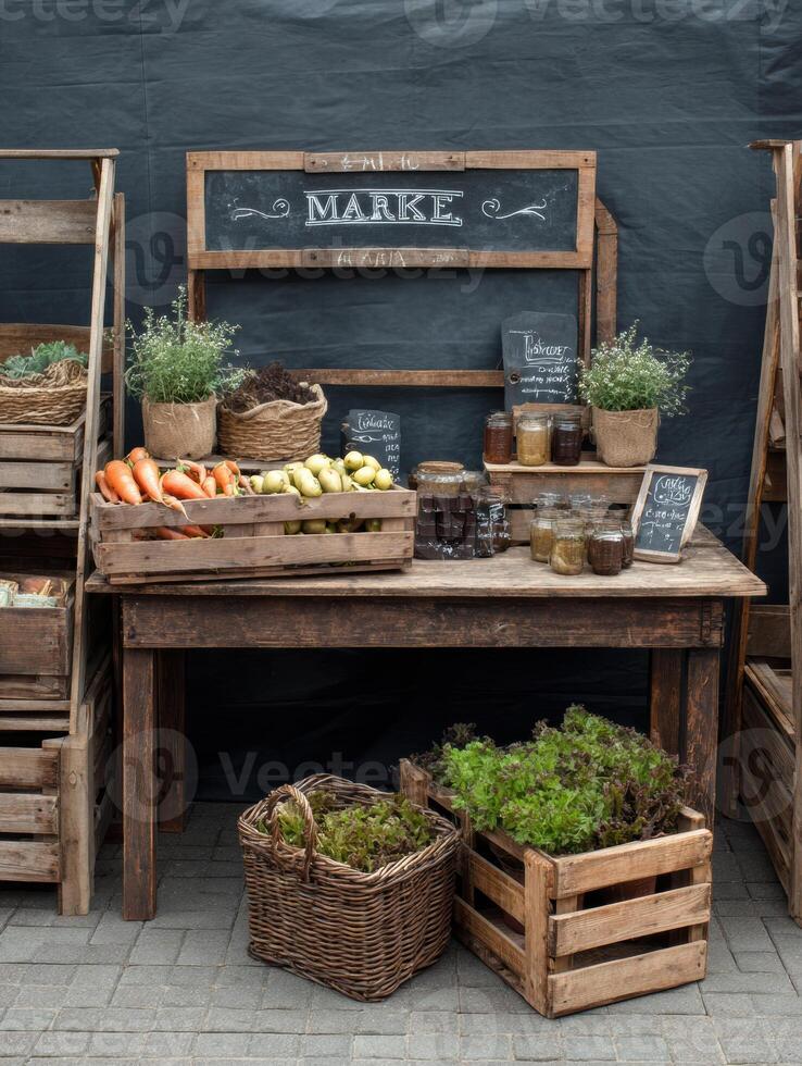 Rustic Farmer Market Setup With Rustic Wooden Crates and Chalkboard Labels Showcasing Fresh Produce and Homemade Goods photo
