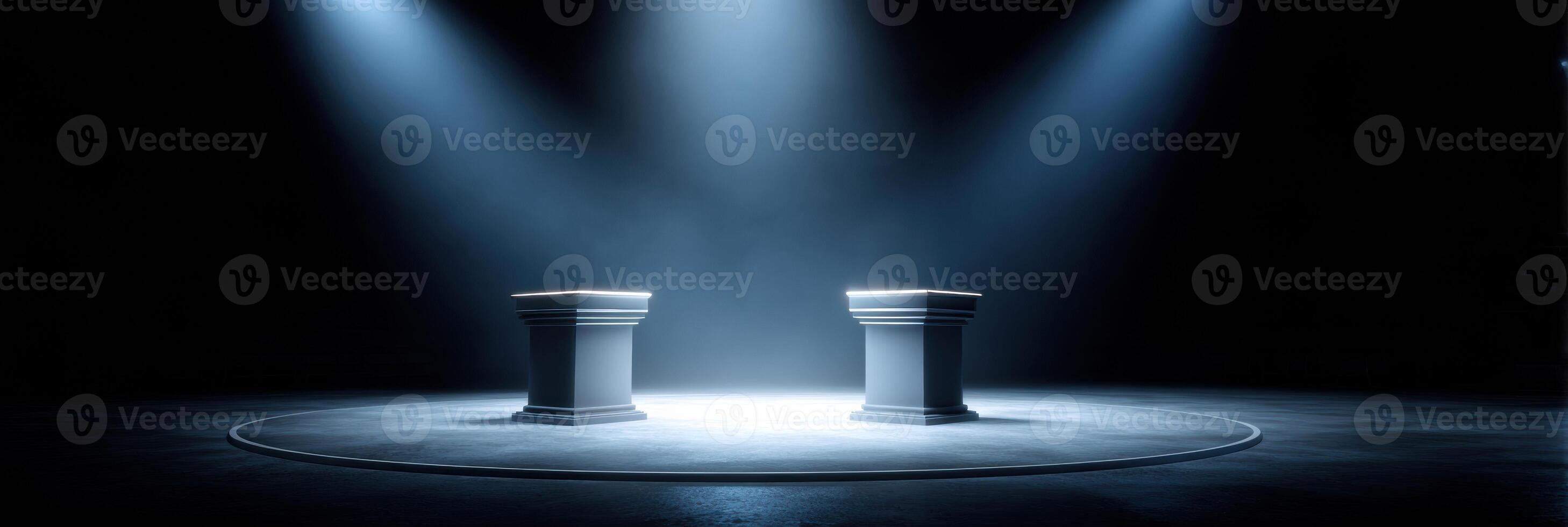 Empty Political Debate Stage Illuminated by Spotlights Awaiting Participants for an Engaging Discussion on Key Issues Facing the Nation photo