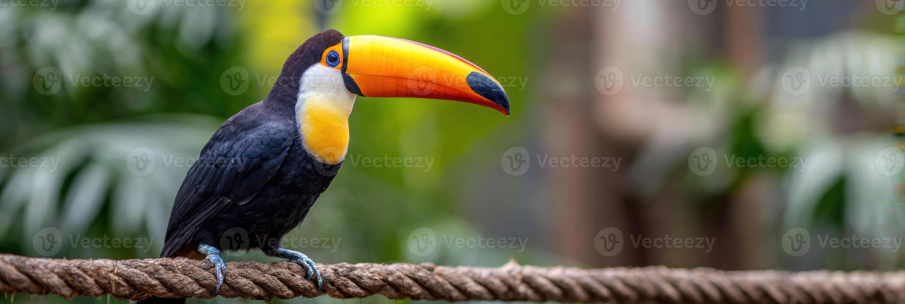 Toco Toucan Perched on Branch Showcasing Vibrant Beak in Lush Tropical Environment photo