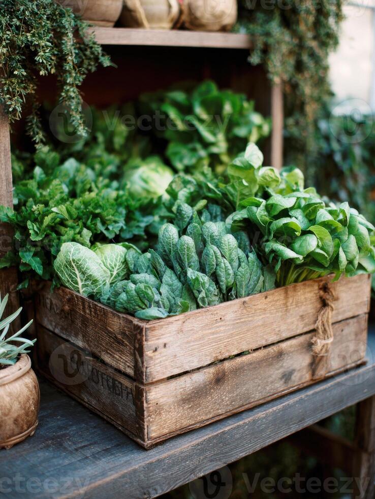 Wooden Crate Filled With Fresh Organic Greens in a Rustic Setting on a Sunny Day photo