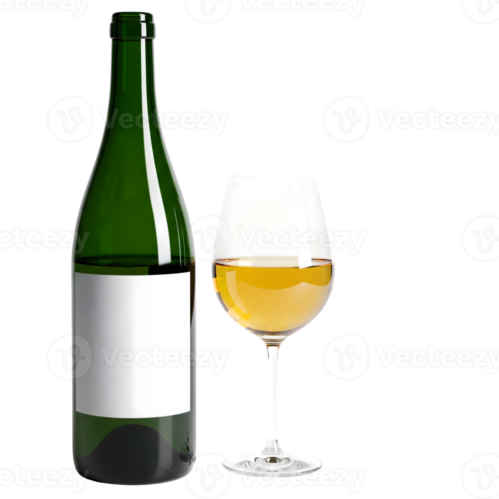 A bottle of white wine stands next to a glass, isolated on transparent background png