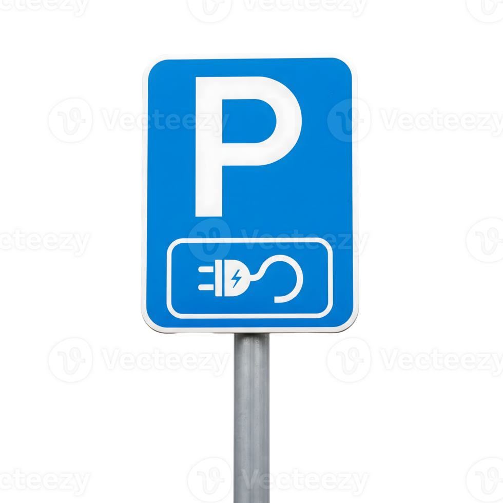A blue and white electric vehicle charging station parking sign stands tall against a clean transparent background, indicating a designated area png
