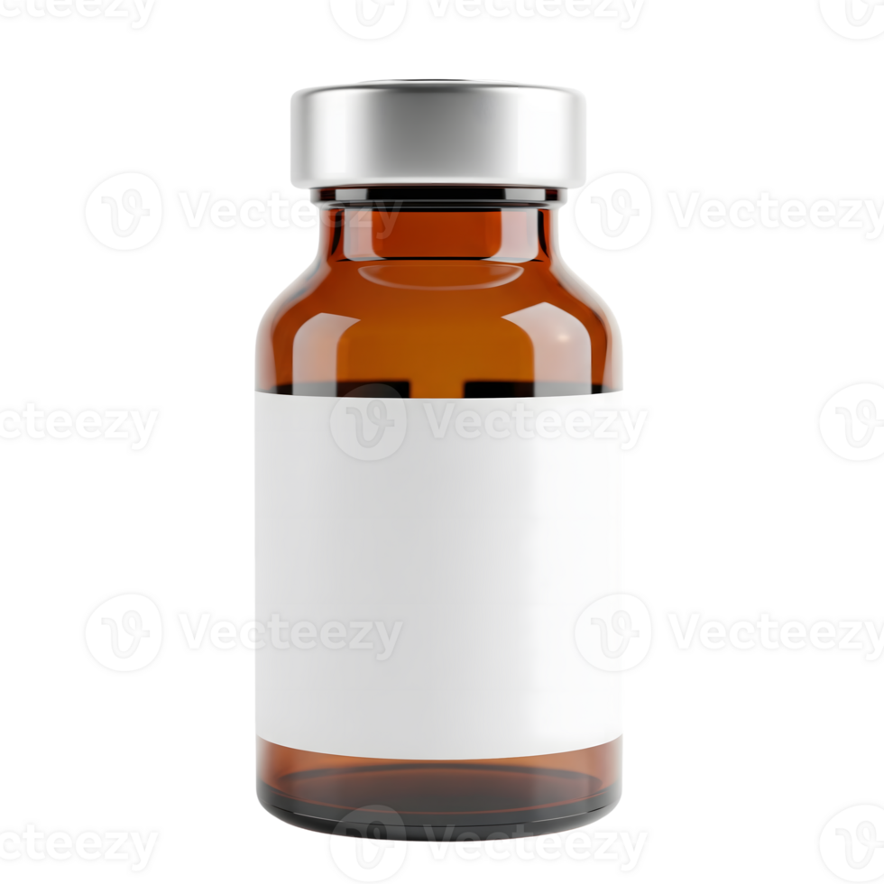 A brown glass vial with a blank label stands ready for medical use, representing pharmaceutical research and healthcare solutions isolated on transparent background png