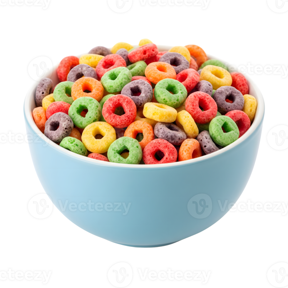 A blue bowl is filled with colorful fruit cereal rings, offering a sweet and vibrant breakfast option, isolated on transparent background png