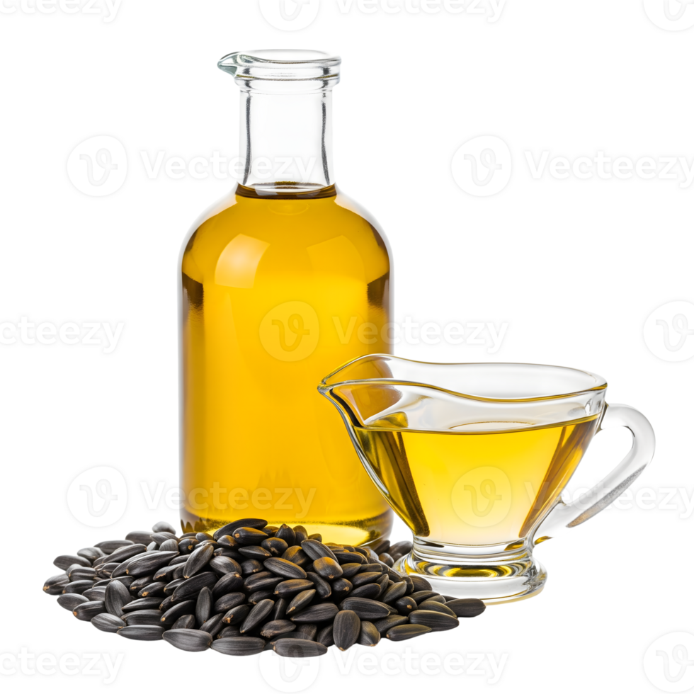 A bottle and pitcher of yellow sunflower oil stand beside a pile of black sunflower seeds isolated on transparent background png