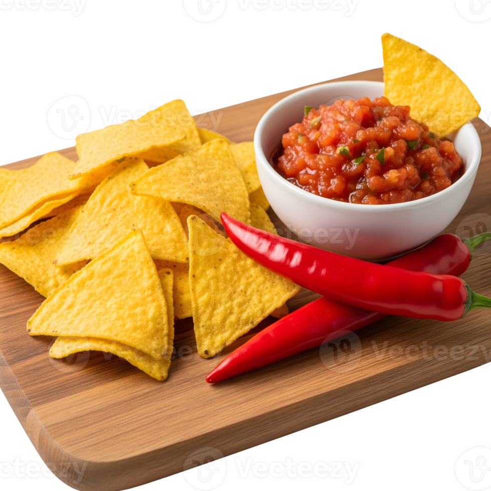 A bowl of fresh salsa with tortilla chips and red chili peppers on a wooden board isolated on transparent background png