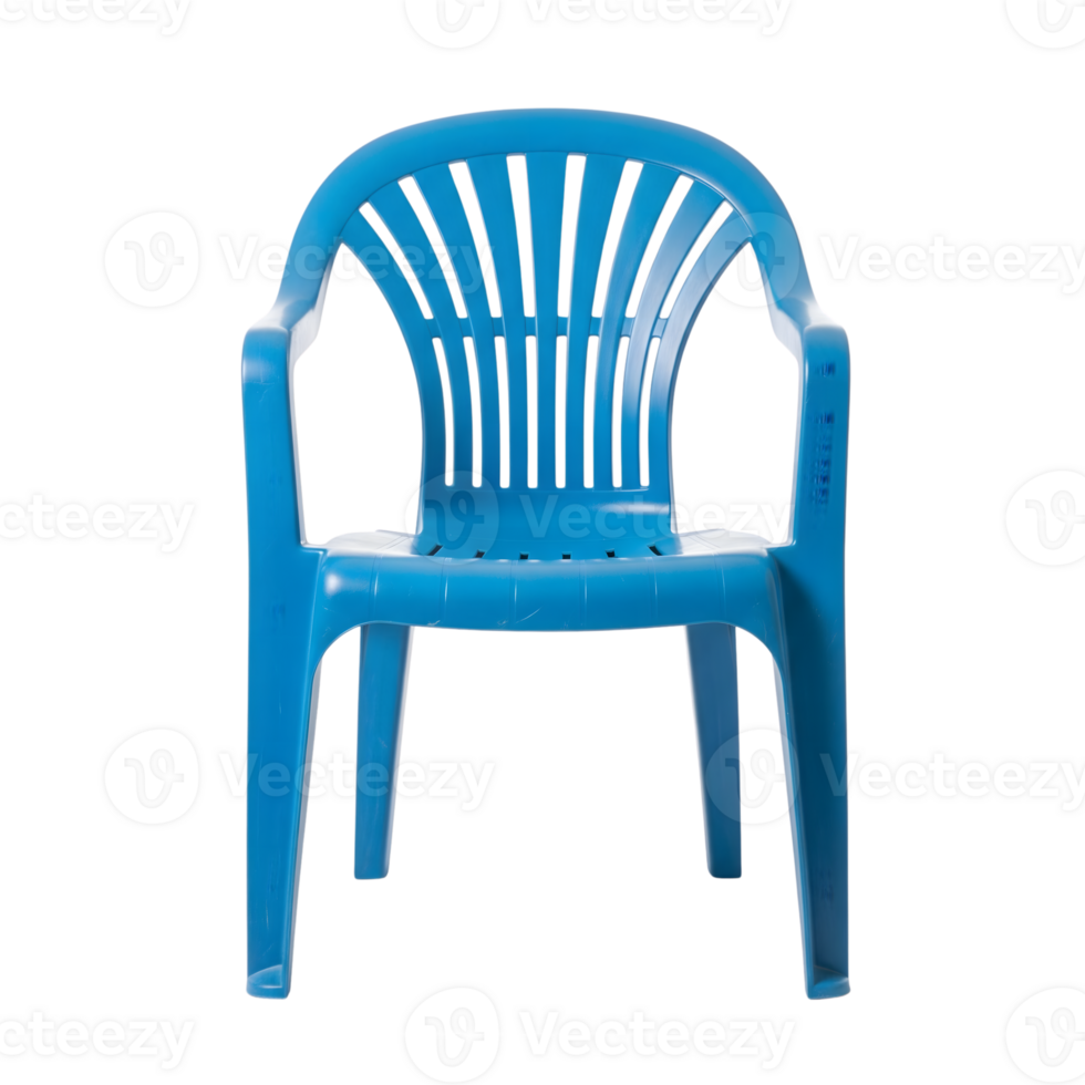 A bright blue plastic chair stands alone, its simple design highlighted against a transparent background png
