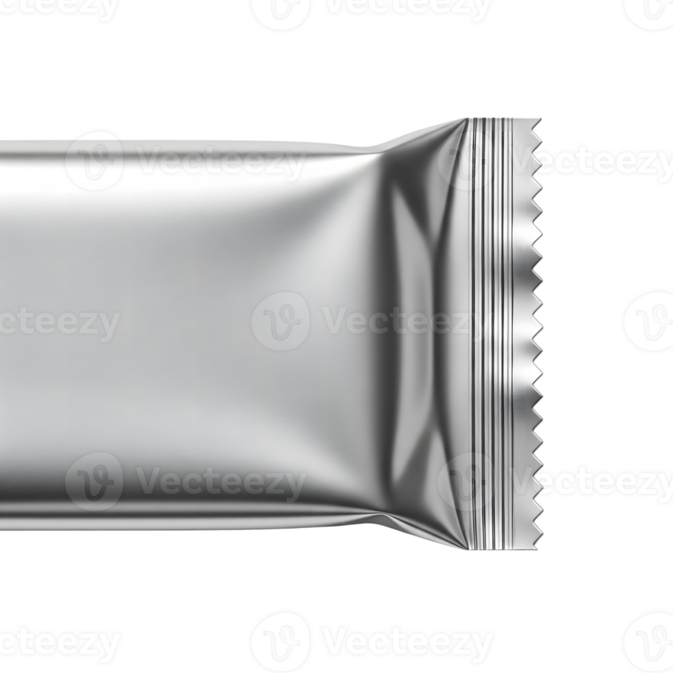 A blank silver foil package wrapper for food or snack, isolated on transparent background png