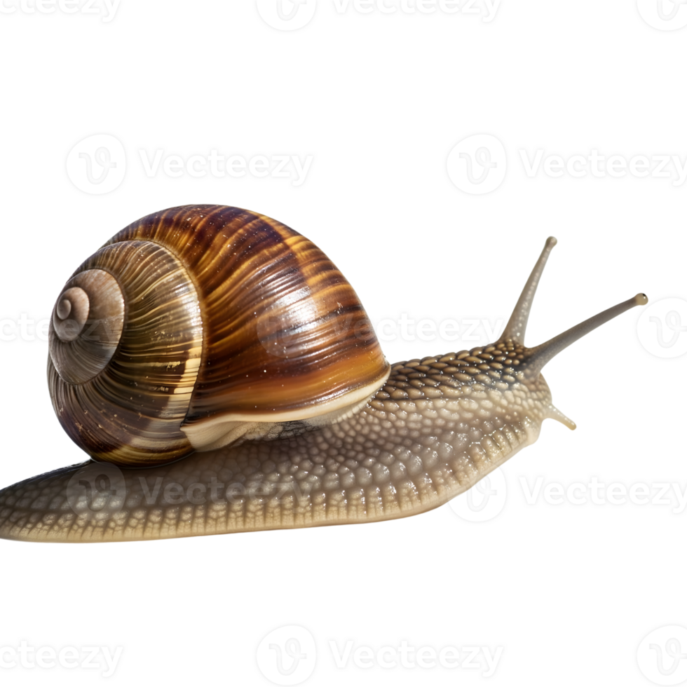 A brown garden snail slowly crawls, its spiral shell contrasting against a plain transparent background, showcasing its natural beauty png
