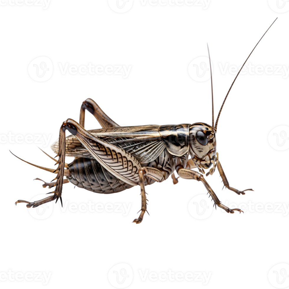 A brown and black cricket insect in side view, isolated on transparent background png