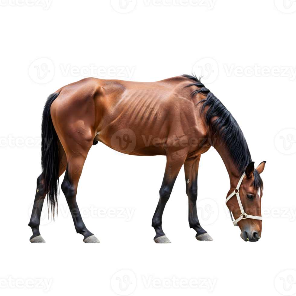 A brown horse with a black mane and bridle is grazing, isolated on transparent background png