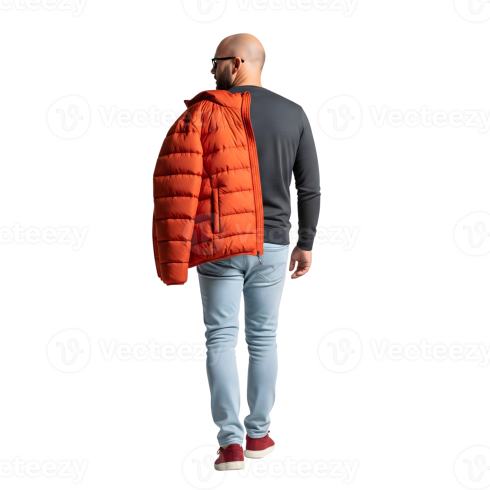 A bald man with a beard walks away with an orange puffer jacket slung over his shoulder, isolated on transparent background png