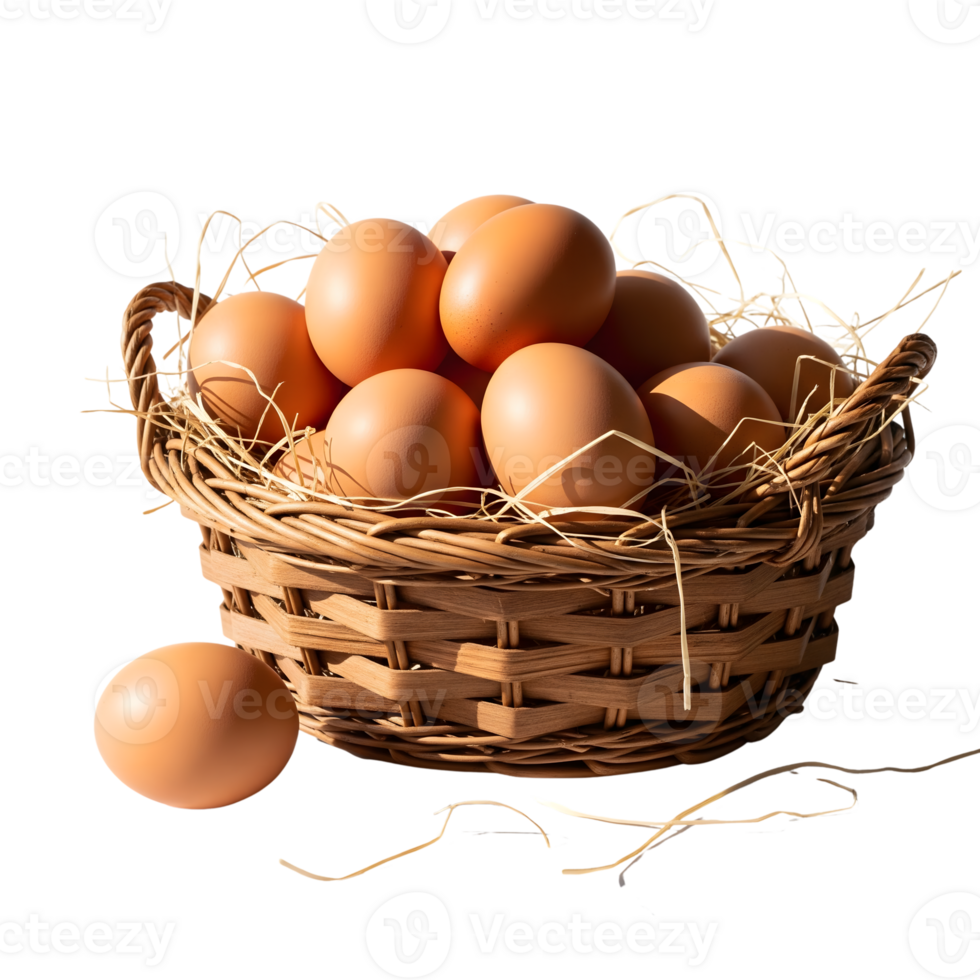 A basket full of brown eggs is isolated on transparent background, ready for cooking png