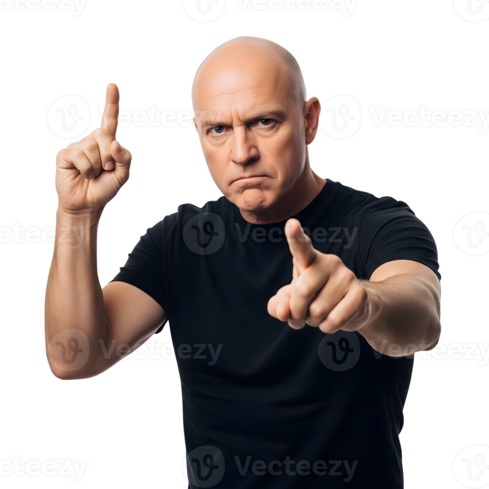 A bald man points directly at the viewer with a serious expression, isolated on transparent background png